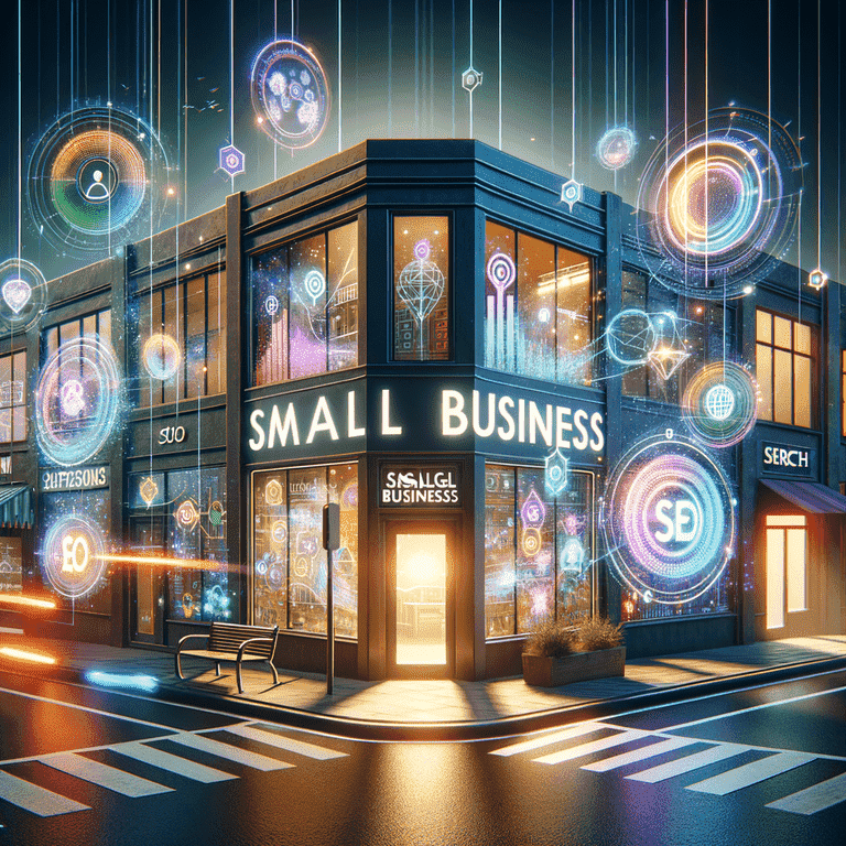 Small business storefront with futuristic AI elements, symbolizing readiness for AI-driven SEO.