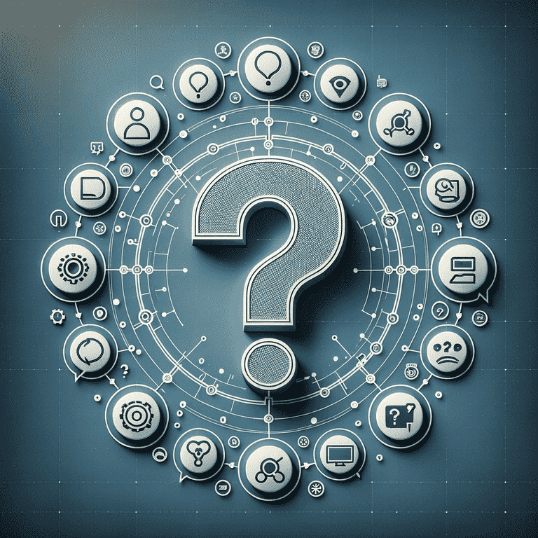 Question mark encircled by AI and SEO symbols, indicating a section for FAQs.