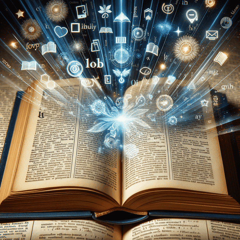 Open book with highlighted terms and digital elements, symbolizing a glossary for AI and SEO.