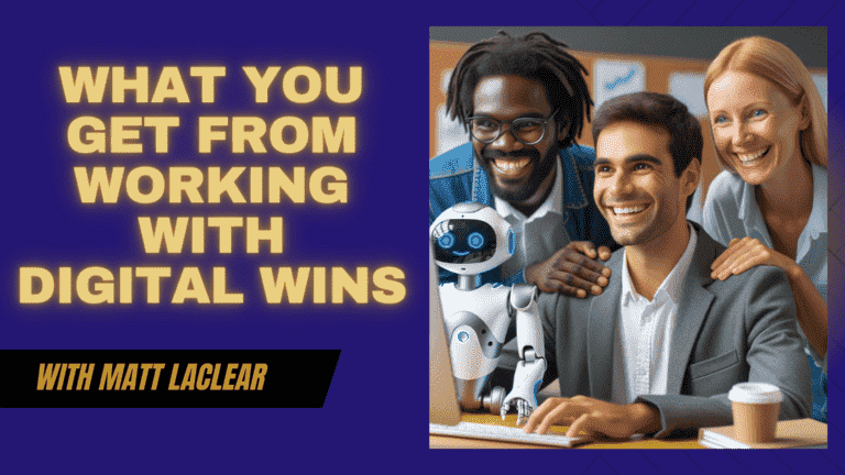 A small business owner is smiling as he looks at a computer screen showing website analytics. An AI robot and a human SEO expert stand on either side of him with their arms around his shoulders in a friendly, congratulatory manner.