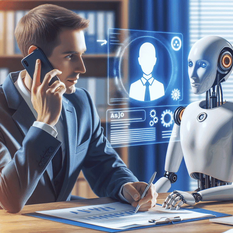 An SEO expert, a man wearing a headset, sits at a desk with a robot beside him, both listening intently. The robot's presence indicates the artificial intelligence used to inform the expertise of the human consultant. This depicts a client's positive experience speaking with our knowledgeable team backed by AI technology.