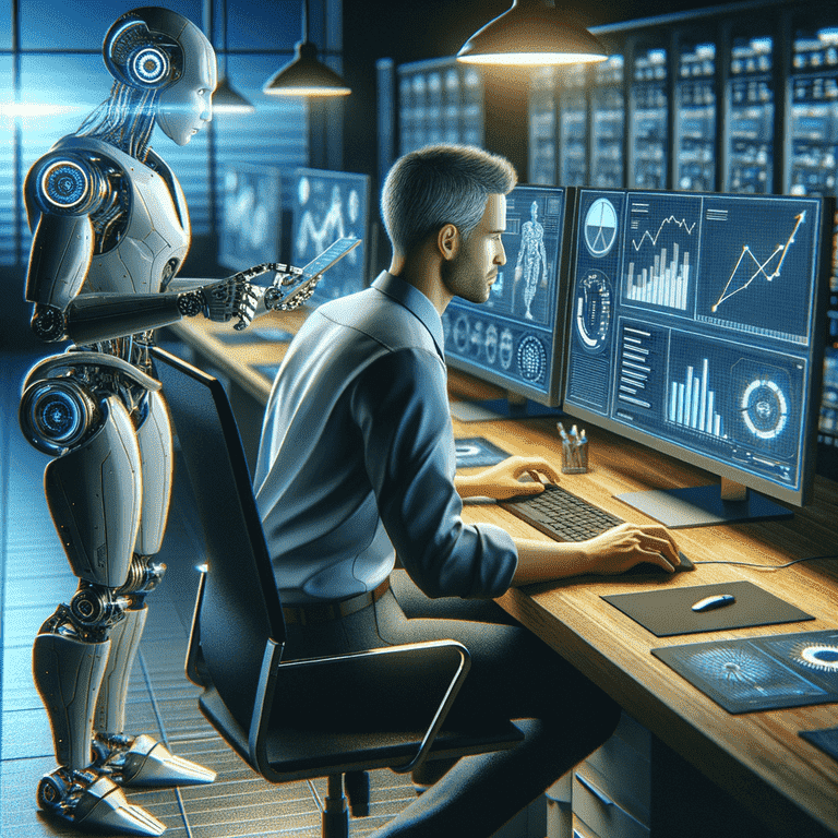An SEO specialist and a robot AI assistant are working together on a laptop computer. The man points at data on the screen while turning towards the robot, as they analyze website metrics and optimize SEO campaigns. This depicts the collaborative effort between human expertise and AI technology that powers our agency's digital strategies.