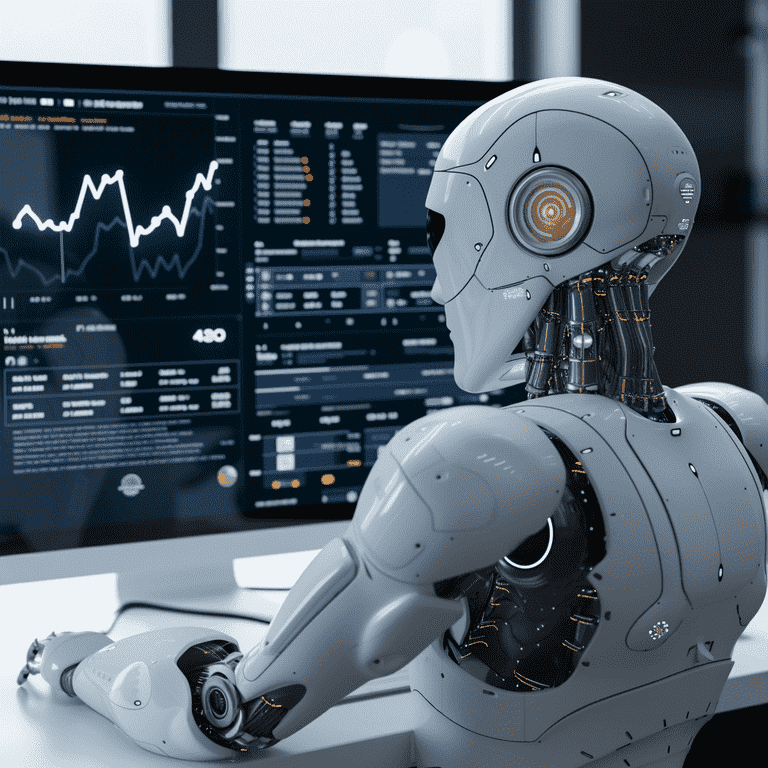 Humanoid robot analyzing SEO data and charts, depicting AI's involvement in SEO