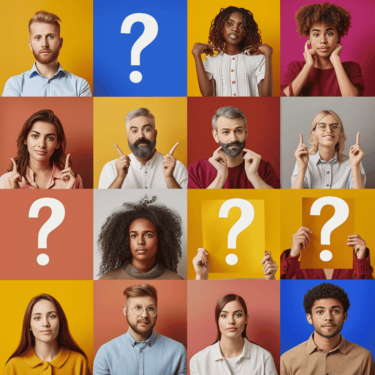 Diverse group of people holding question marks, symbolizing frequently asked questions