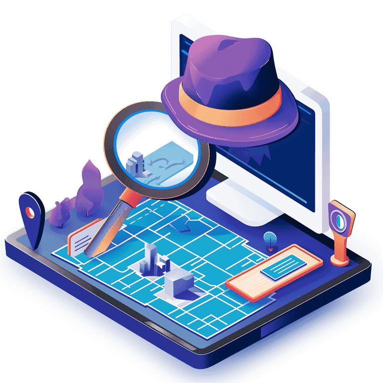 Detective-themed illustration highlighting a magnifying glass uncovering hidden SEO pathways on a digital map.