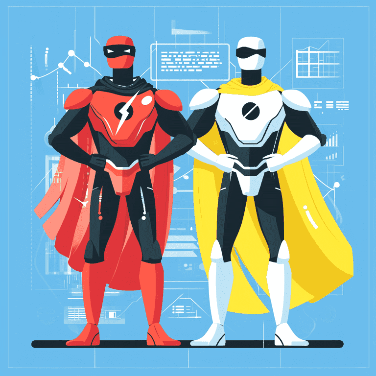 Illustration of superhero figures representing Sales and Marketing, equipped with ChatGPT tools, working together in a dynamic environment.