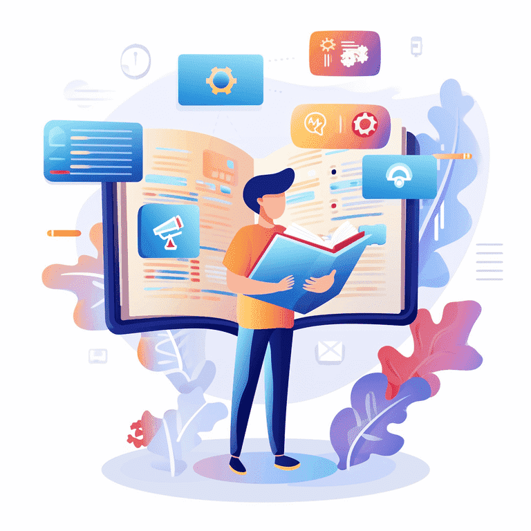 "Illustration of an individual browsing through a guidebook with FAQs on ChatGPT plugins for marketing, surrounded by digital marketing elements.
