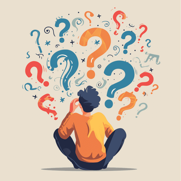 Person surrounded by question marks, symbolizing inquiry and curiosity in FAQs.