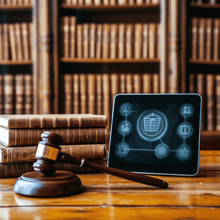 Gavel, legal books, and digital tablet displaying copyright symbol
