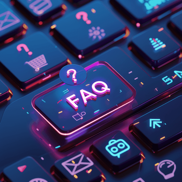 Computer keyboard with glowing FAQ key and SEO icons