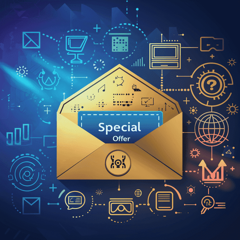 Golden envelope with special offer seal on a digital SEO background