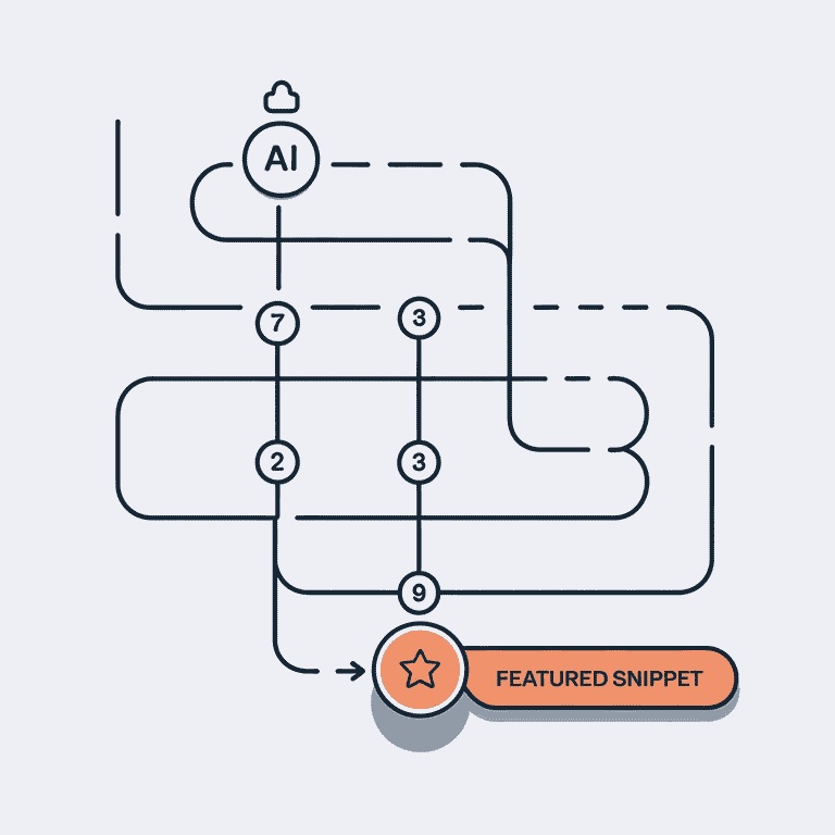 A roadmap with strategic points leading to a featured snippet, symbolizing best practices for AI-driven optimization.