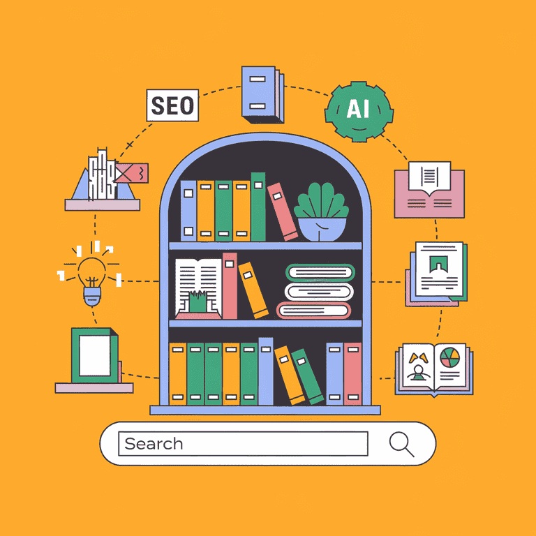 A digital library showcasing various resources on SEO and AI optimization.