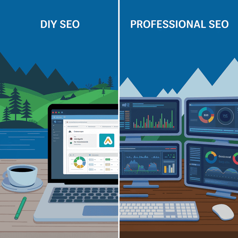 Split-screen illustration comparing DIY SEO with a basic setup to Professional SEO with advanced analytics and tools.