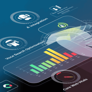 Futuristic digital interface displaying trending SEO elements like AI, voice search, and Core Web Vitals.