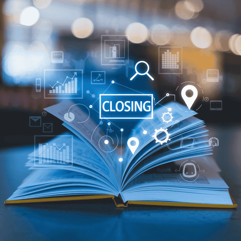 Closing book with digital icons representing key SEO concepts like analytics, keyword research, technical SEO, and local optimization.