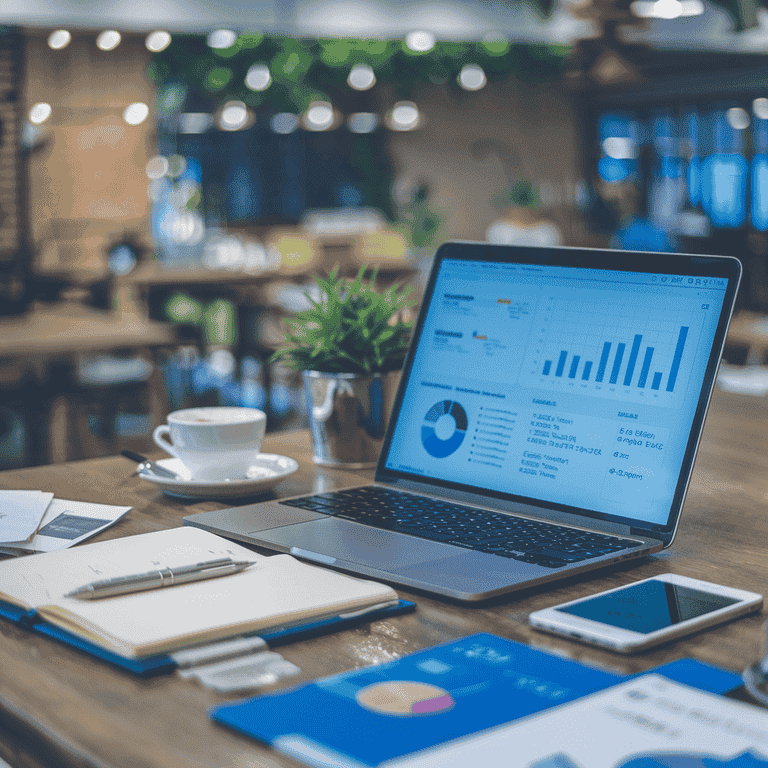 Digital marketing workspace with laptop showing SEO analytics charts and notes for planning.