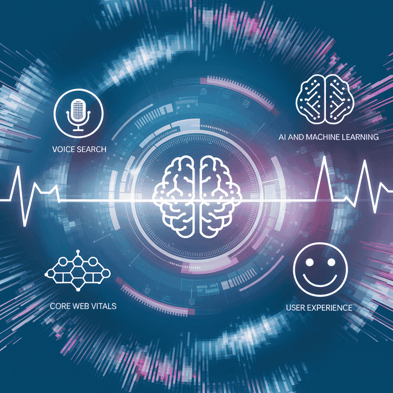 Futuristic digital dashboard highlighting upcoming SEO trends such as voice search, AI and machine learning, Core Web Vitals, and user experience.