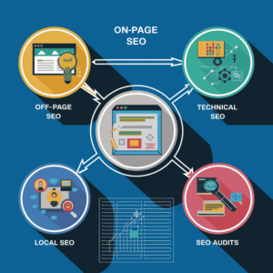 Infographic showing various services offered by an SEO agency, including On-Page SEO, Off-Page SEO, Technical SEO, Local SEO, and SEO Audits.