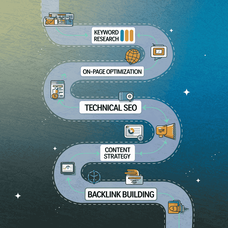 Strategic roadmap showing key elements of a successful SEO strategy, including keyword research, on-page optimization, technical SEO, content strategy, and backlink building.