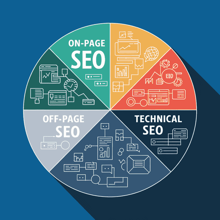 Infographic showing types of SEO services: On-Page, Off-Page, Technical, and Local SEO.