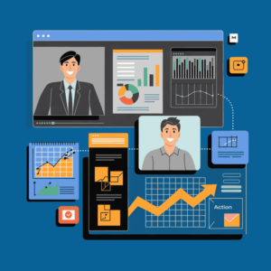 Digital collaboration meeting between a client and an SEO expert with charts and action plans displayed on a screen.