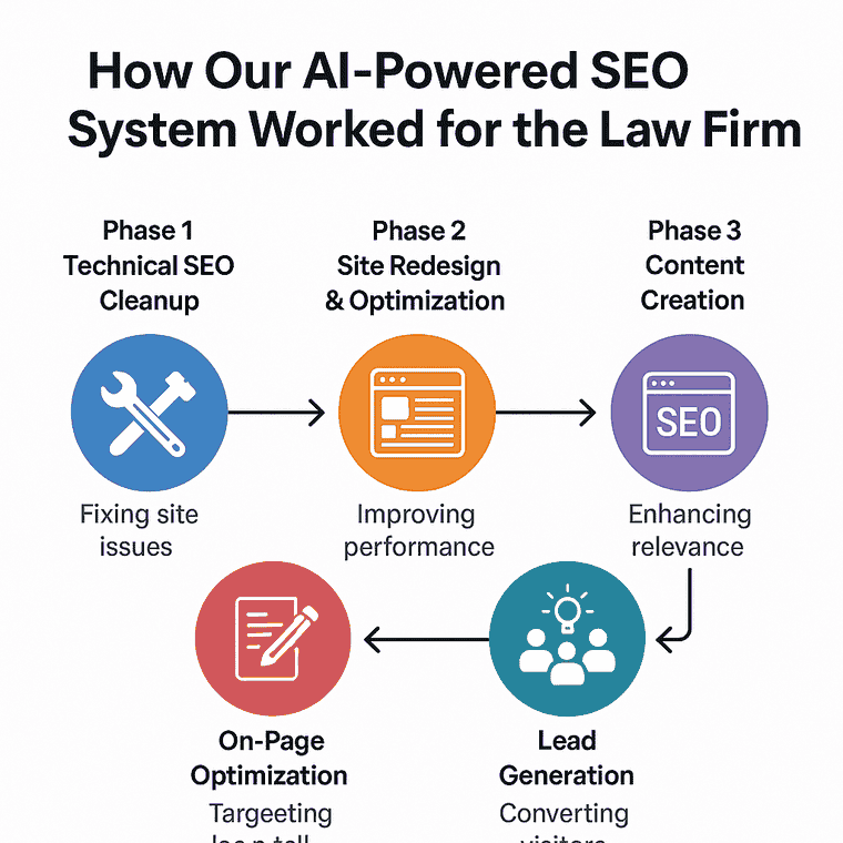 Five-phase AI-powered SEO process used for law firm: technical cleanup, redesign, content creation, lead gen, and optimization