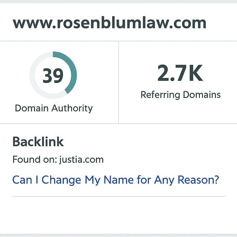 Backlink overview for rosenblumlaw.com showing Domain Authority, referring domains, and a featured backlink from justia.com
