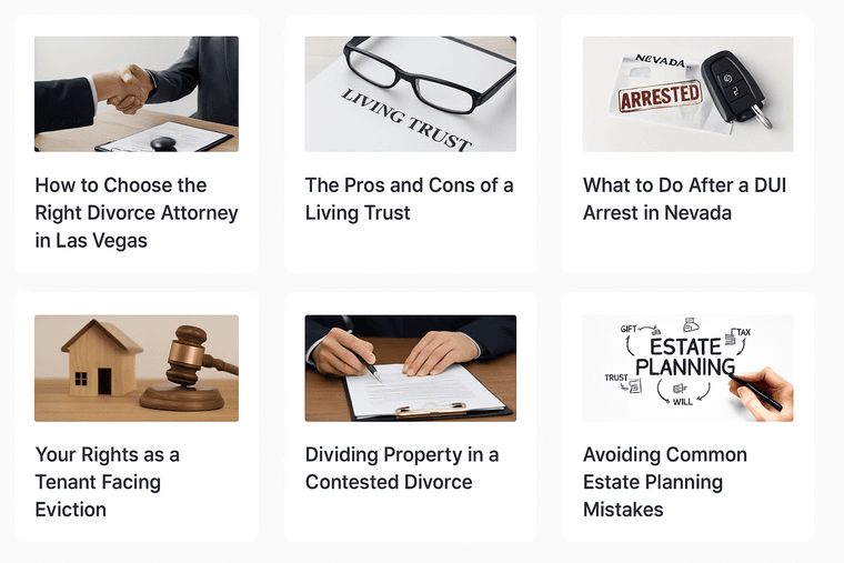 Six blog previews with thumbnails and legal SEO article titles