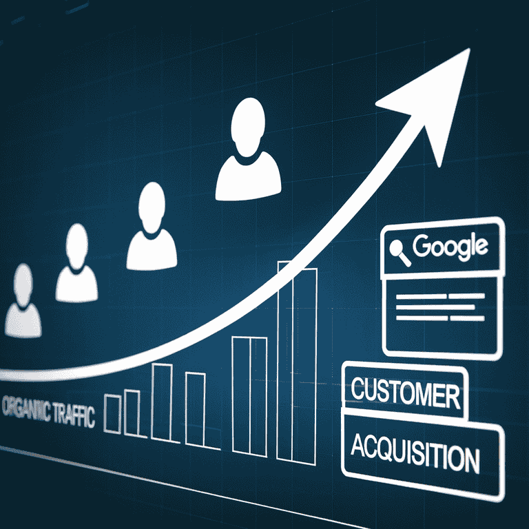 A digital screen displaying an upward-pointing graph with icons for customers and Google search results, symbolizing the flow of organic traffic and customer growth.