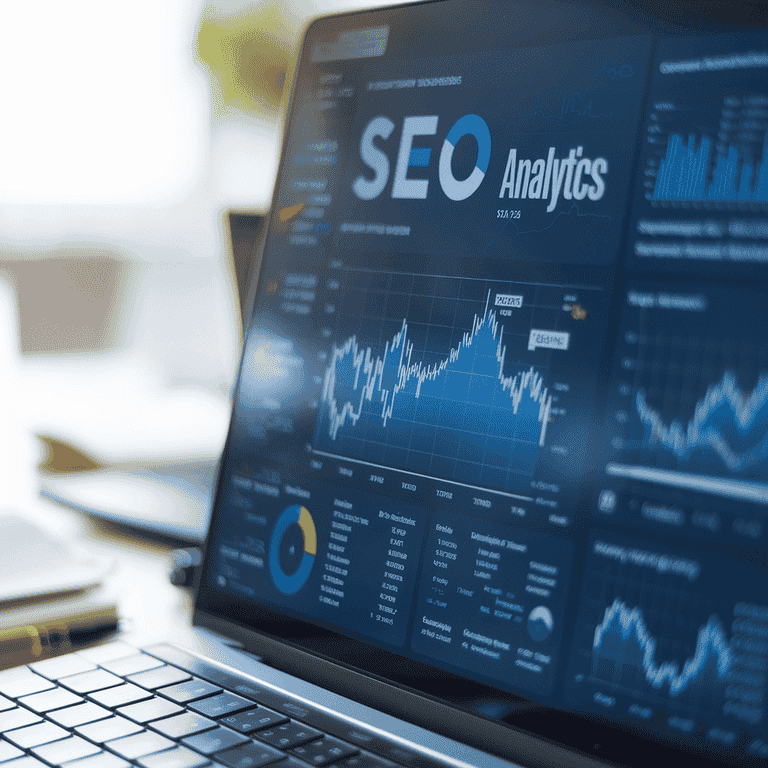 A computer screen showing SEO analytics with charts and upward trends, symbolizing progress in SEO performance.