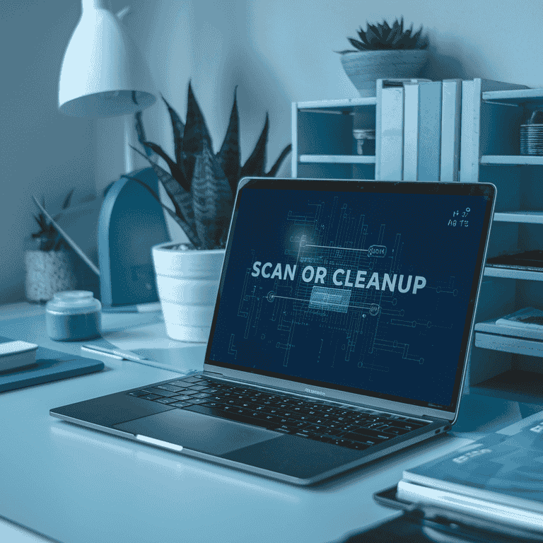 A laptop displaying website code and scan results on a clean desk, symbolizing the process of website cleanup and malware recovery.