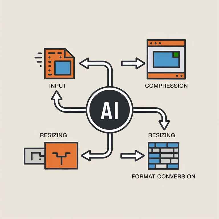 Diagram of AI image optimization steps including compression, resizing, and format conversion.