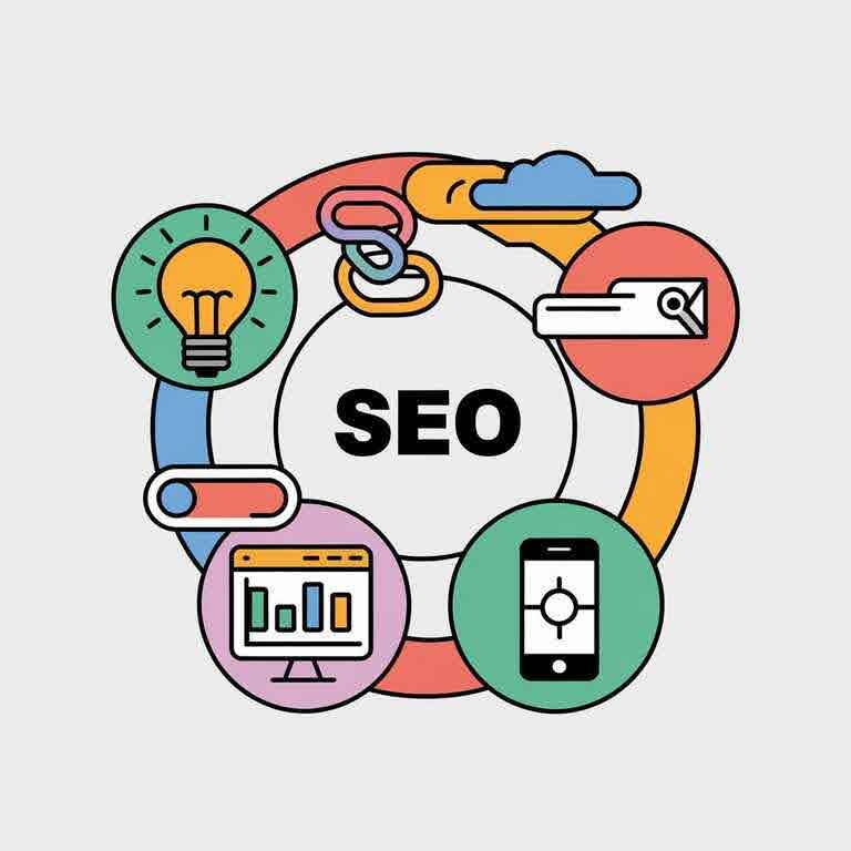 Graphic illustrating interconnected SEO elements like keywords, links, site speed, and mobile-friendliness.