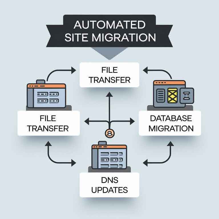 Flowchart illustrating the steps of automated site migration, from file transfer to DNS updates.