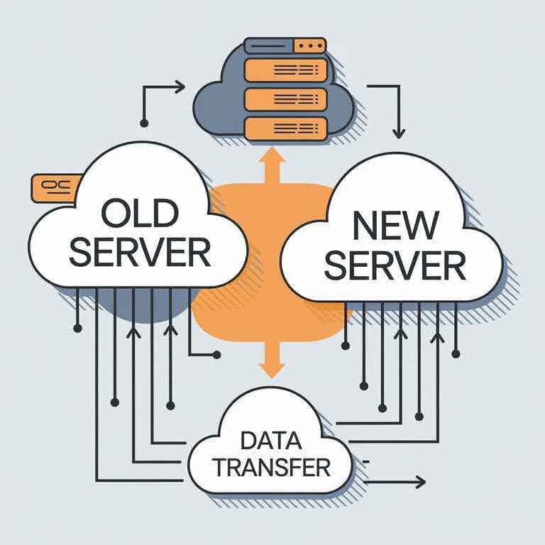 Illustration showing a website being transferred between servers with arrows and cloud symbols.