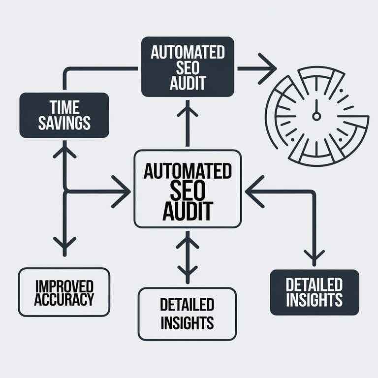 Diagram showing the benefits of automated SEO audits like time savings, accuracy, and detailed insights connected by arrows.