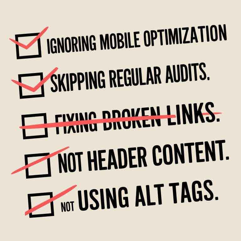 Checklist of common SEO mistakes with items like ignoring mobile optimization and skipping audits crossed out.