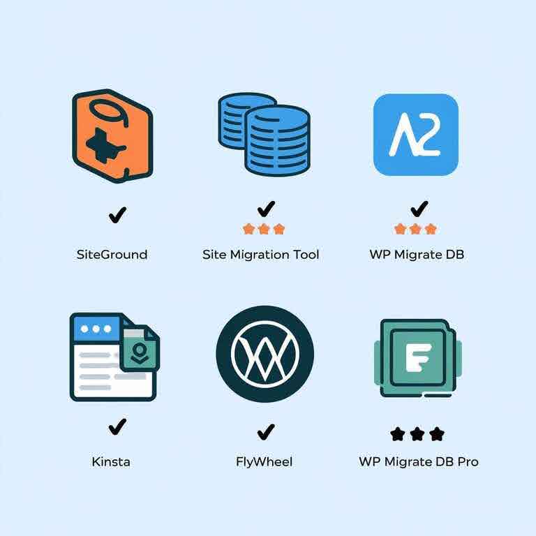 Comparison of popular automated site migration tools, with icons representing each tool and features highlighted.