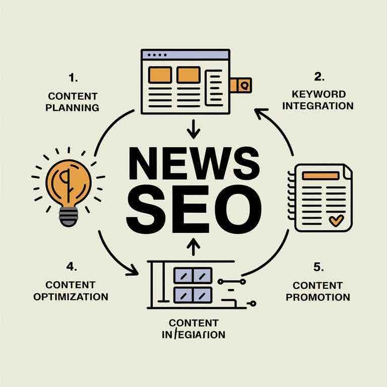 Flowchart illustrating the key steps in a content strategy for news SEO, from planning and keyword integration to distribution.