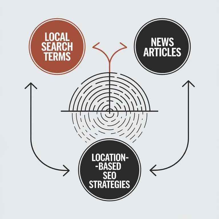 Diagram illustrating the relationship between local search terms and SEO strategies for news content targeting regional audiences.