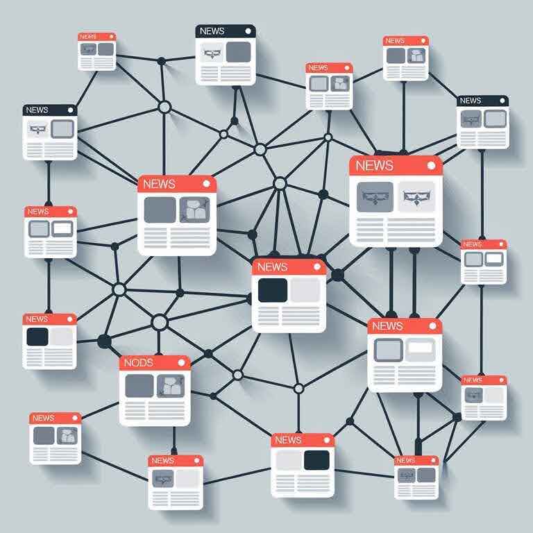 Network of interconnected nodes representing news articles and websites, demonstrating the concept of link building for SEO.