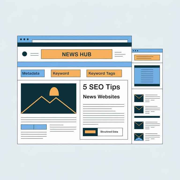 Illustration of a news website optimized with SEO elements like metadata and structured data.
