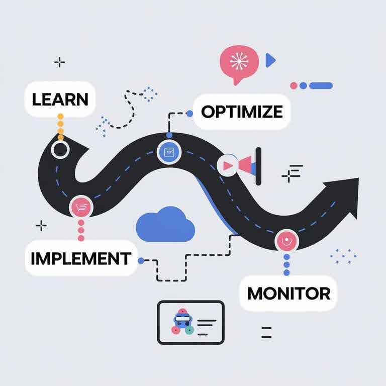 Roadmap graphic illustrating the next steps for adopting voice search AI, including learning, optimizing, and implementing.