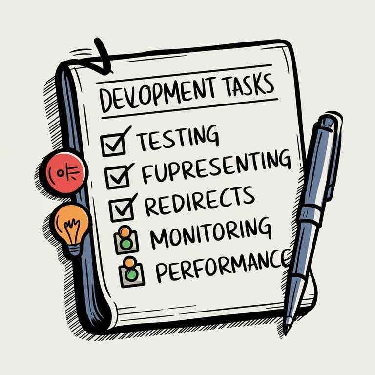 A post-migration checklist with icons for testing functionality, checking redirects, and SEO monitoring.