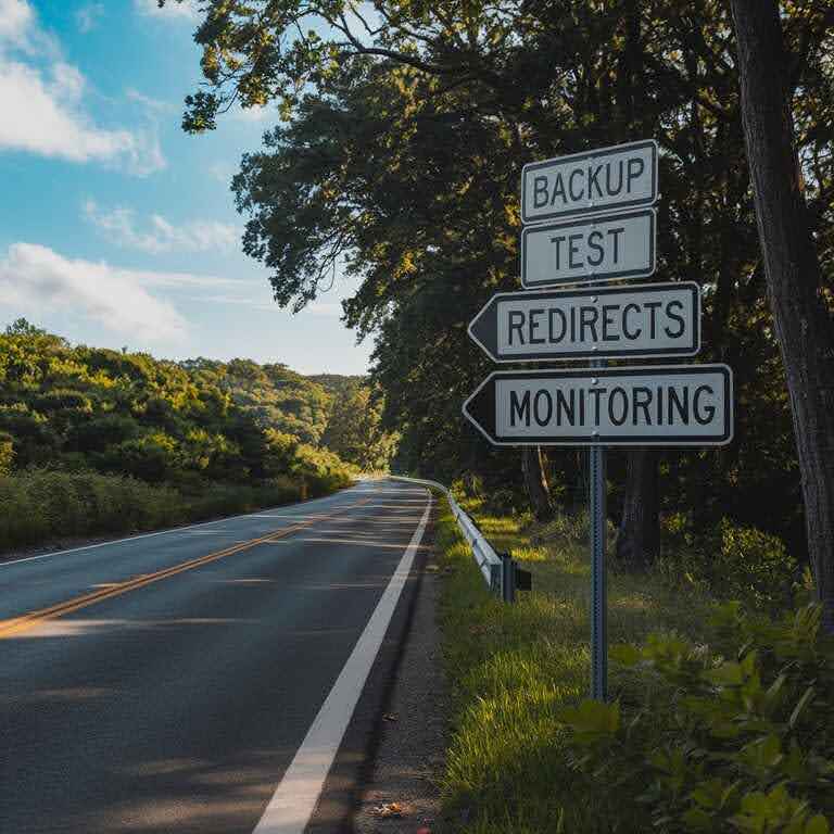 A road with signposts representing key steps to prevent issues during site migration, including backup, testing, redirects, and monitoring.