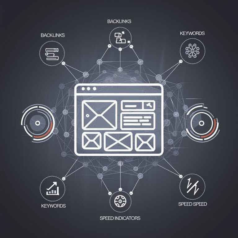 Abstract graphic showing a website icon surrounded by SEO elements like backlinks, keywords, and speed indicators.