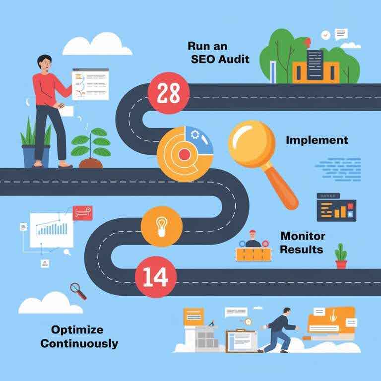 Roadmap graphic with milestones such as 'Run an SEO Audit,' 'Implement Changes,' and 'Monitor Results.'