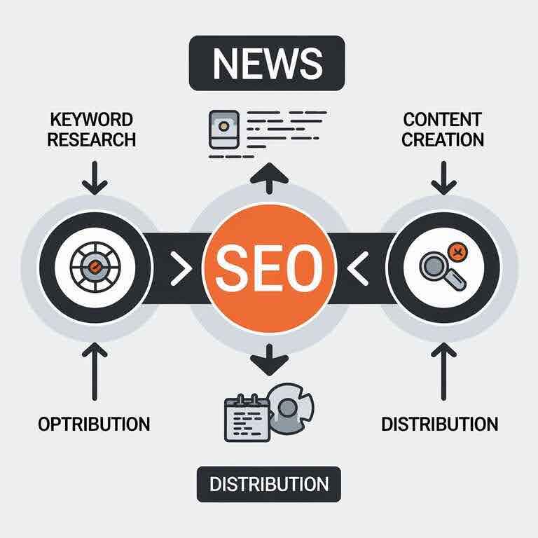 Flowchart showing the steps of an SEO content strategy for news, from keyword research to content distribution.