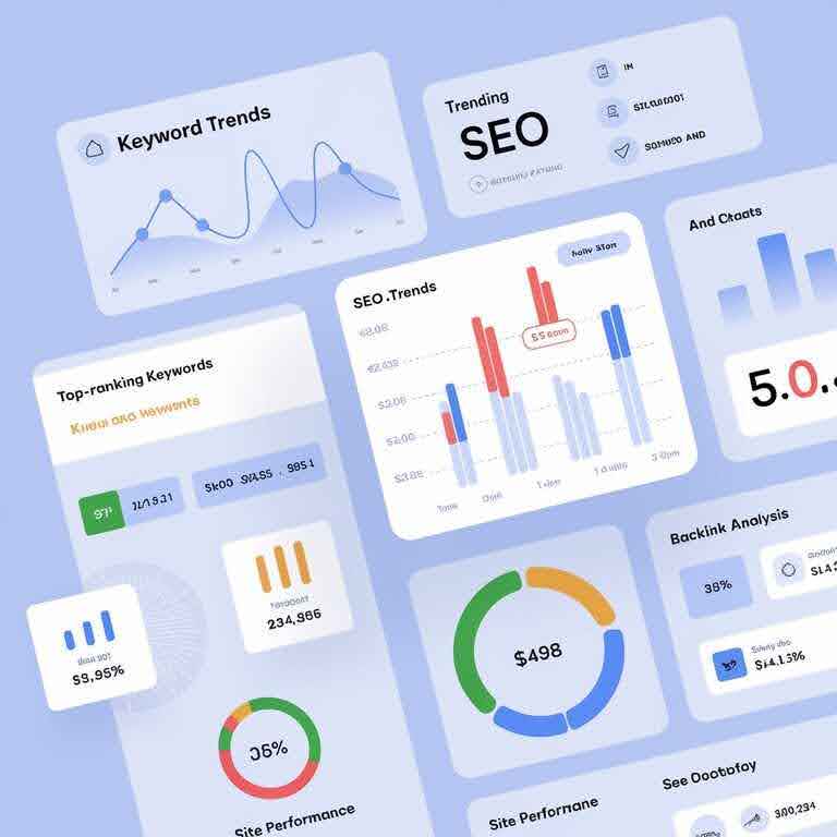 Digital dashboard showing trending SEO data and statistics, highlighting the latest SEO trends.